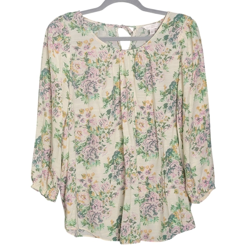 LC Lauren Conrad Blouse Womens XL Ivory Floral Print Tie Back 3/4 Sleeve Pleated